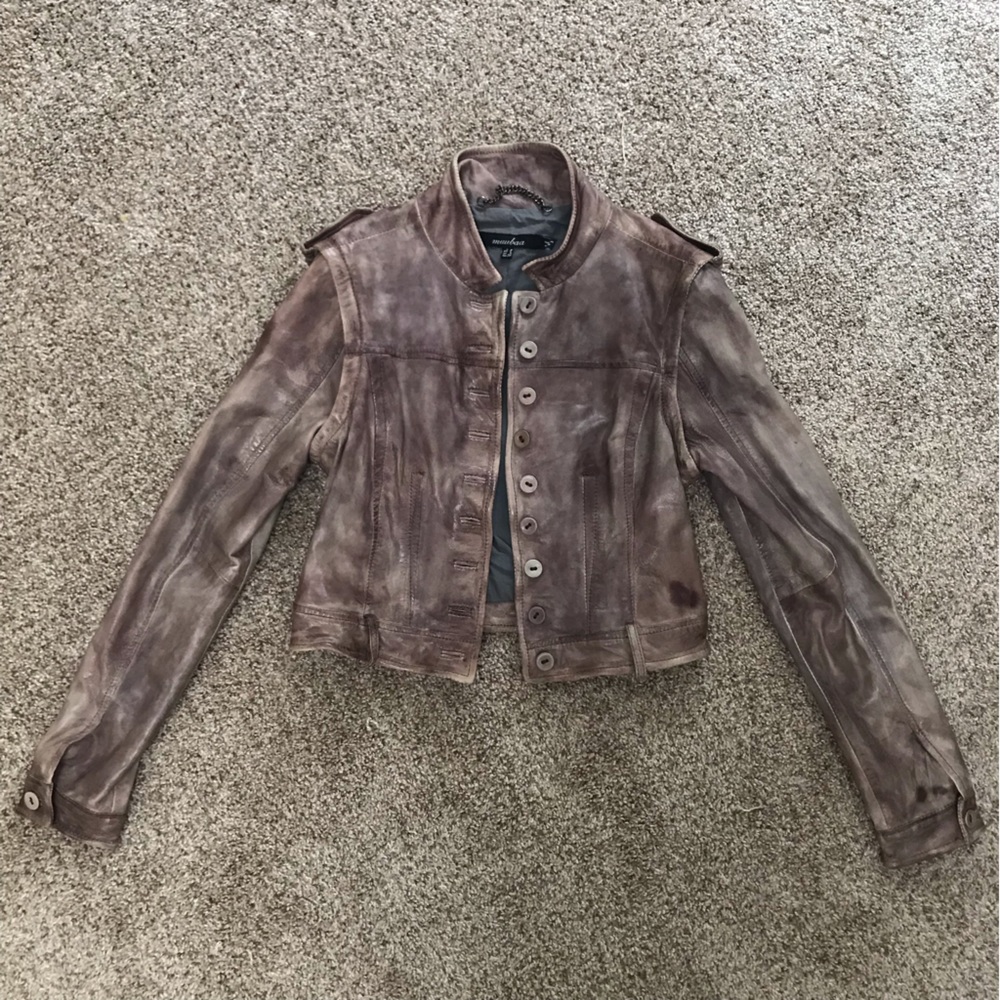 Muubaa Distressed Cropped Leather Jacket with Removable Sleeves